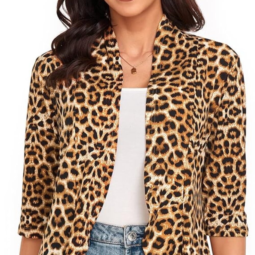 Argstar Leopard Print Cardigan Open Front Casual Soft Ruffles 3/4 Sleeves Large